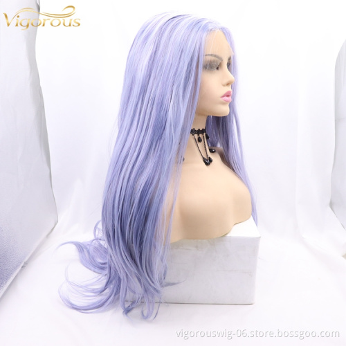 Vigorous mono long purple premium high quality straight wholesale black women synthetic hair wigs with lace front